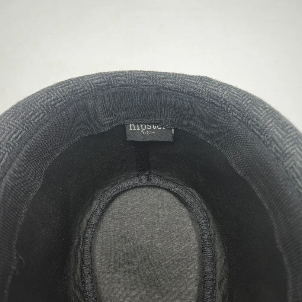 Hipster Fedora Hat Mens Small Medium Gray Polyester‎ Herringbone Black Band